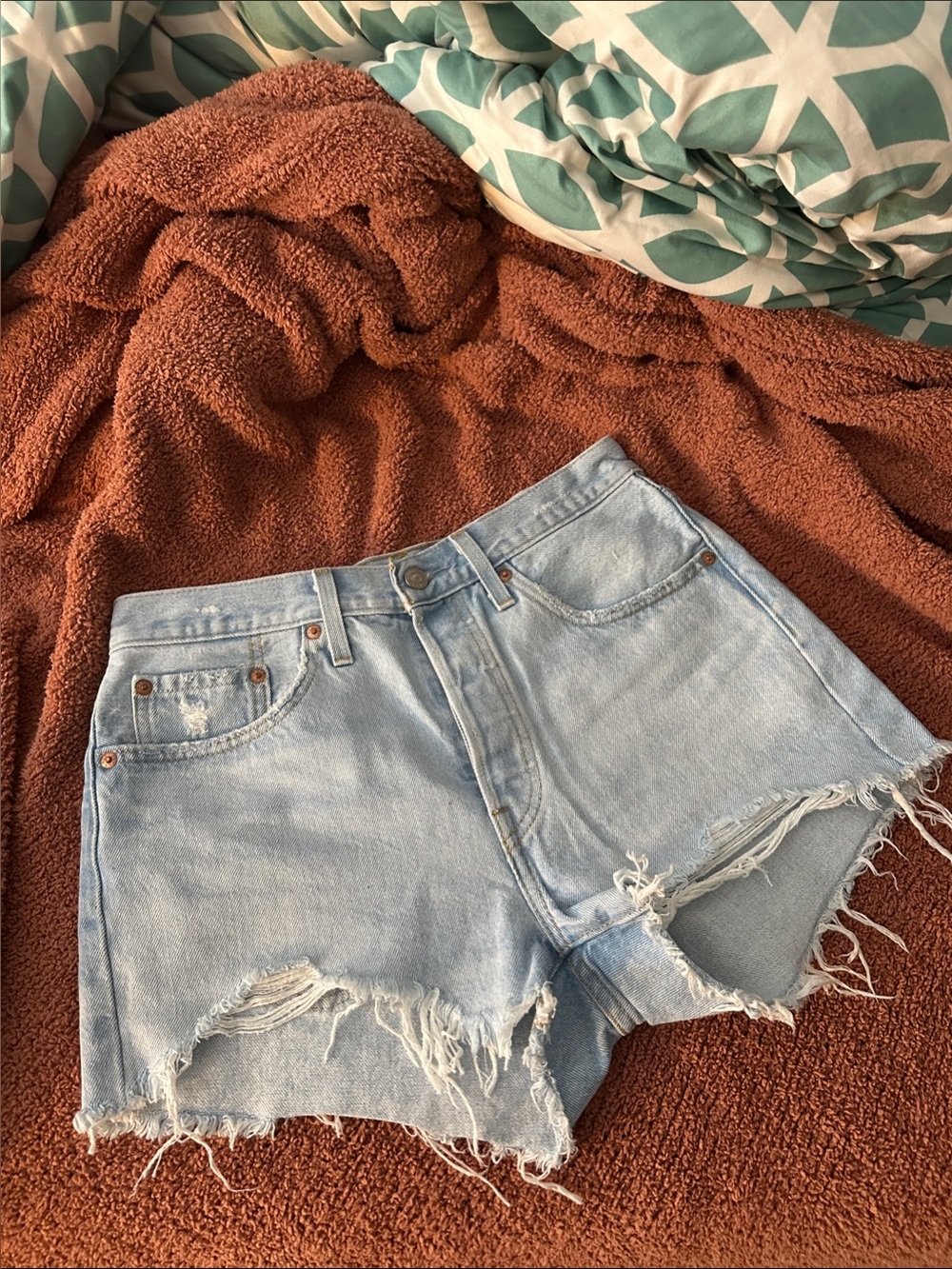 Levi's 501 Light Blue Frayed Cutoff Denim Shorts